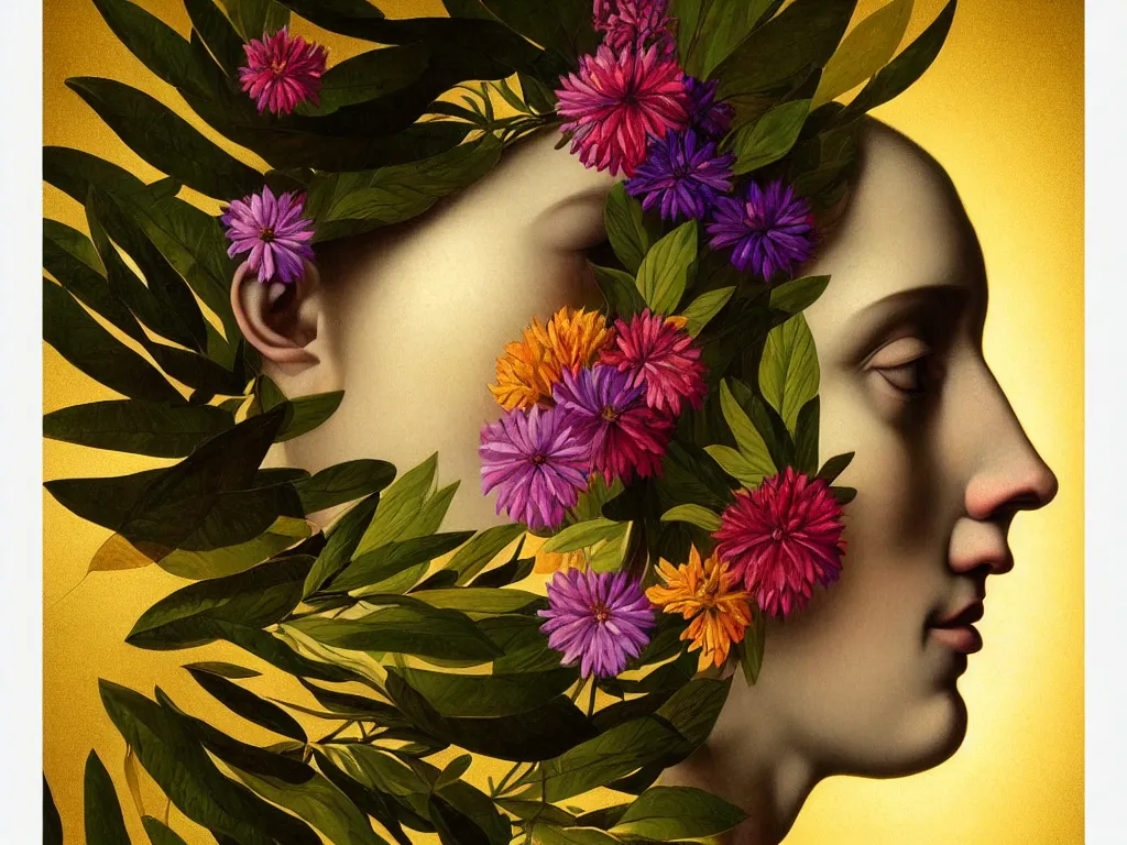 Image similar to hyperrealistic still life portraita womans face in profile, made of flowers and leaves, sacred geometry, light refracting through prisms in a tesseract, by caravaggio, botanical print, surrealism, vivid colors, serene, golden ratio, rule of thirds, negative space, minimalist composition