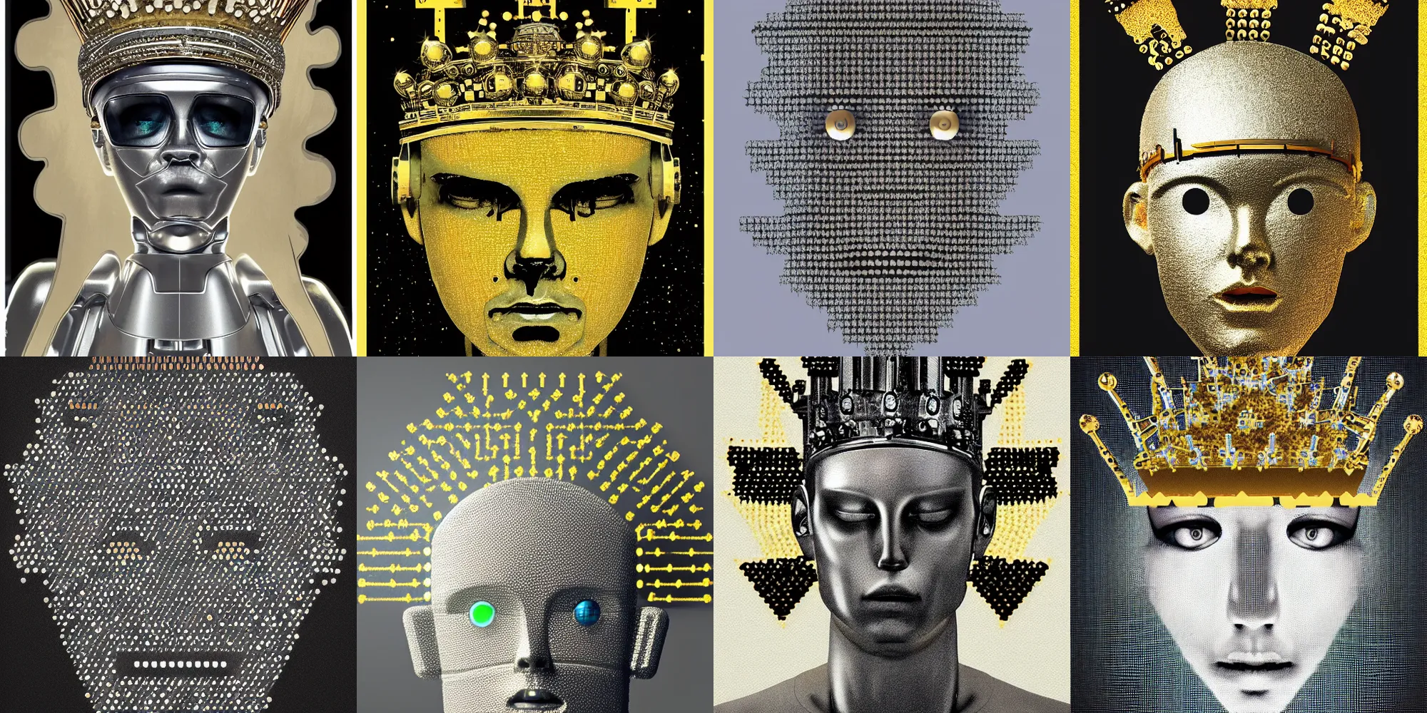 Prompt: a poster of a silver robot android head with a crown made of golden microchips on his head, an album cover by japanese rock band nautilus pompilius, reddit contest winner, antipodeans, antichrist, official art, artwork