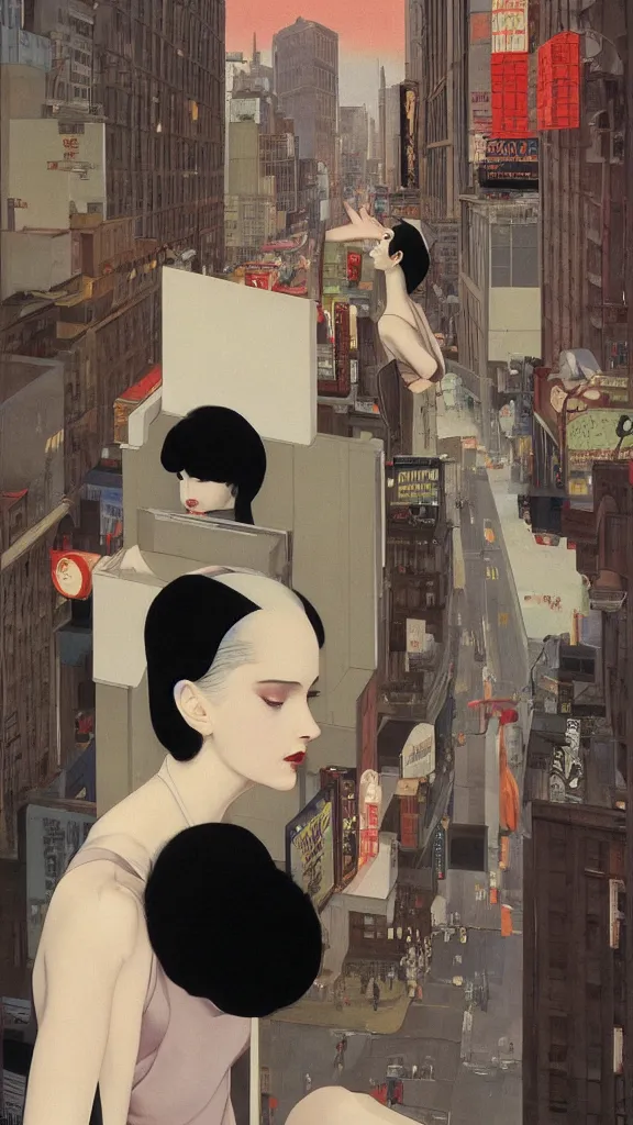 Image similar to a tall and beautiful pale woman with very black hair with a crown on her head walk in the streets of new york circa 1 9 8 4 edward hopper and james gilleard, surreal, open ceiling, highly detailed, airbrush, ilya kuvshinov, wlop, stanley artgerm, very coherent, art by takato yamamoto and james jean