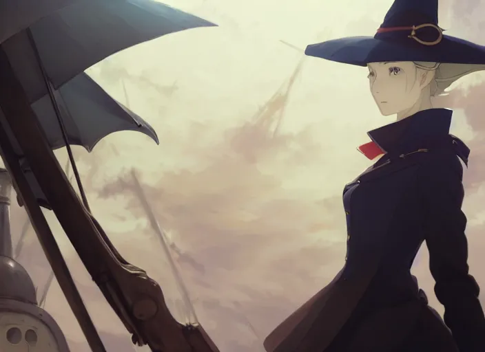 Image similar to portrait of lady maria, helm of second world war warship in background, illustration concept art anime key visual trending pixiv fanbox by wlop and greg rutkowski and makoto shinkai and studio ghibli and kyoto animation, symmetrical facial features, astral witch clothes, dieselpunk, realistic anatomy, gapmoe yandere grimdark, volumetric lighting, backlit