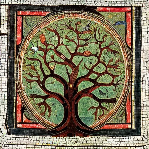 Prompt: fractal tree of life with adam, eve and the snake in the garden of eden, early 3 rd century mosaic