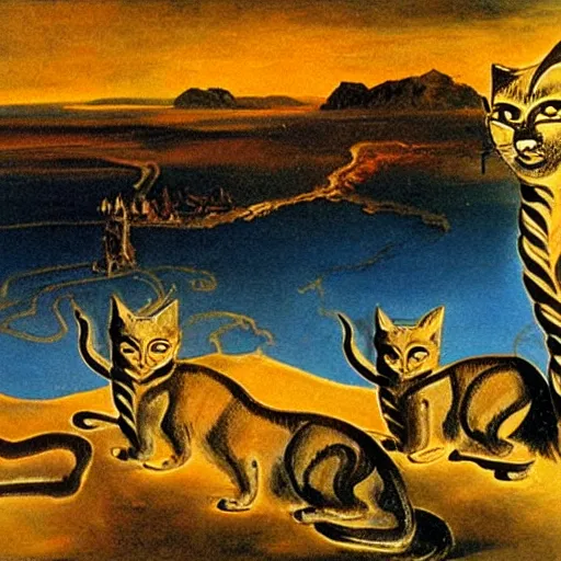 Image similar to dali oil painting of bastet with multiple arms, over a sea of sulphur