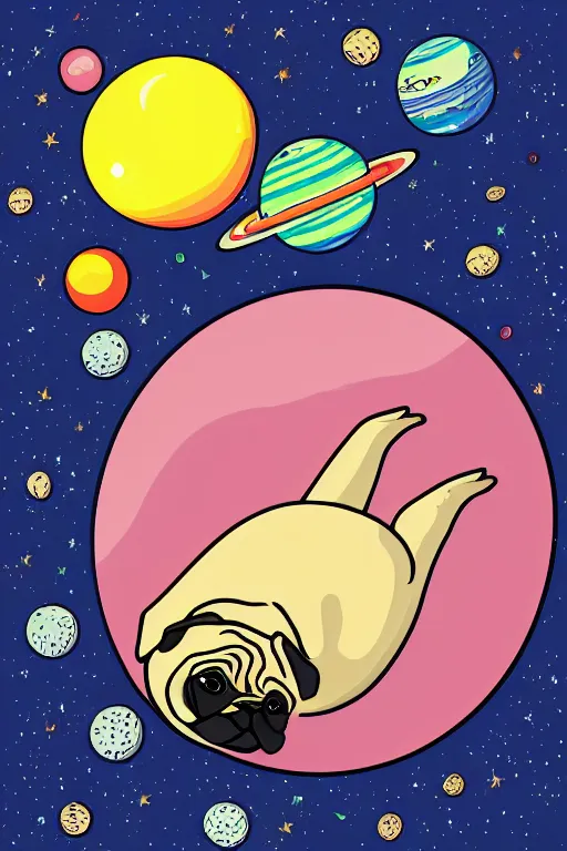 Image similar to planet pug floating in space, art by iktor miller gausa, sticker, colorful, illustration, highly detailed, simple, smooth and clean vector curves, no jagged lines, vector art, smooth