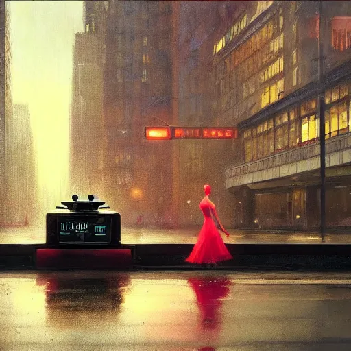 Image similar to detailed rendering of an elegant graceful yet lonely robot, electronic billboards, tech noir, wet reflections, atmospheric, ambient, livia prima, greg rutkowski, edward hopper, pj crook