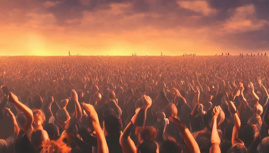 Prompt: digital art of a panicked crowd pointing!! towards a glowing sky, raising their arms, volumetric lighting, nasty, hyperdetailed, realistic