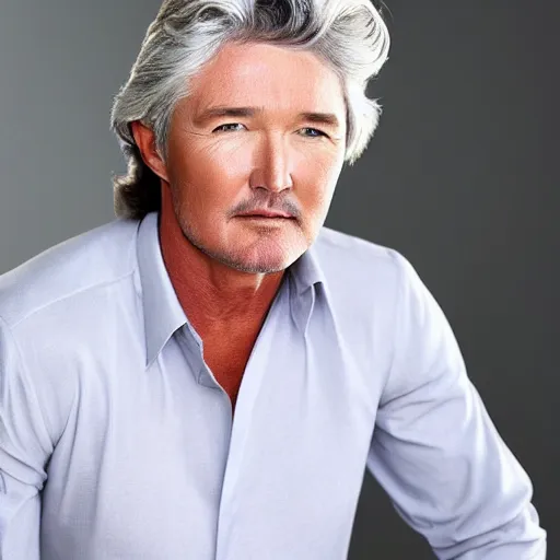 Prompt: long straight grey hair, patrick duffy, wearing a white shirt