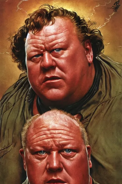 Image similar to dynamic upper body portrait of ray winstone as baron harkonnen in 1982 movie dune, by norman rockwell and boris vallejo