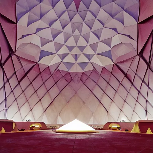 Image similar to interior of a futuristic lotus temple with gold, red and white marble panels, in the desert, by buckminster fuller and syd mead, intricate contemporary architecture, photo journalism, photography, cinematic, national geographic photoshoot