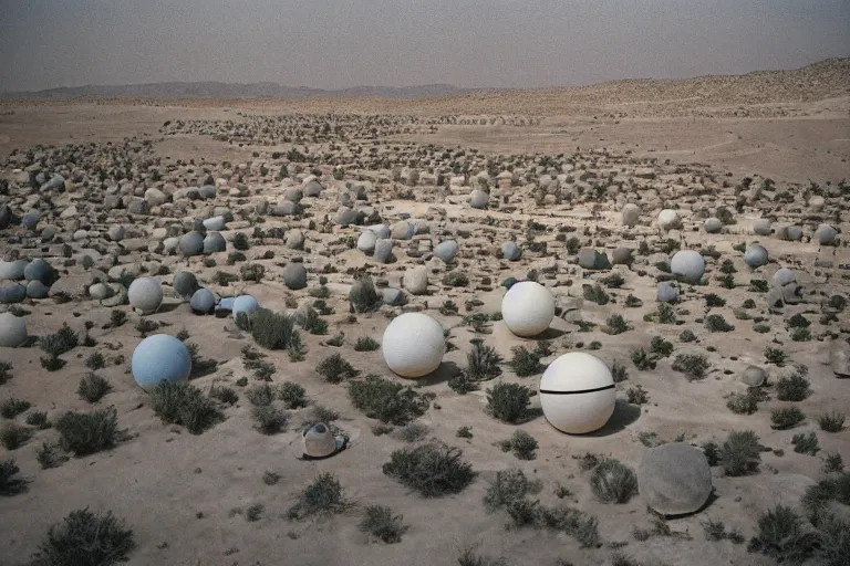 Image similar to film still of modern complex stanilist style spherical city in the desert, by Étienne-Louis Boullée and Jean Jacques Lequeu cinestill 800t 35mm full-HD