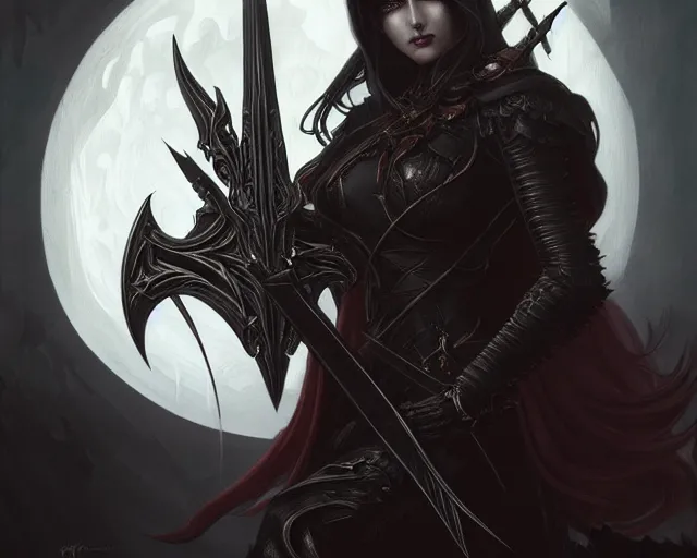 Prompt: demon hunter black gothic crossbow dramatic moon poser, deep focus, d & d, fantasy, intricate, elegant, highly detailed, digital painting, artstation, concept art, matte, sharp focus, illustration, hearthstone, art by artgerm and greg rutkowski and alphonse mucha