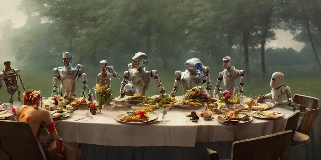 Image similar to a table dinner of robots where robots are dressed like the characters from the midsommar movie, sharp focus, wide shot, trending on artstation, masterpiece, by greg rutkowski, by ross tran, by fenghua zhong, octane, soft render, ultrarealistic, colorful, cinematic