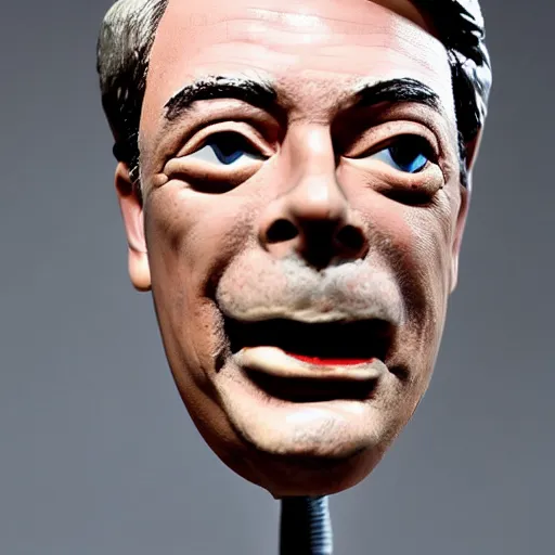 Prompt: Nigel Farage as a ventroquial figure, hinged jaw, wires, lacquered, glossy, cracked varnish