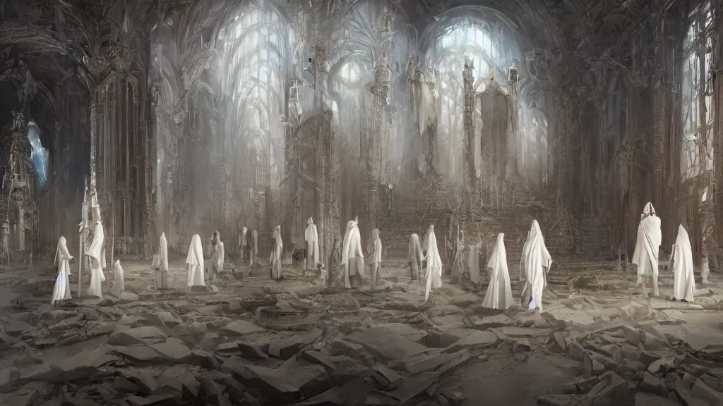 Prompt: a surreal dreamlike scene of robot priests in white robes standing in an abandoned sanctuary, sharp focus, extravagant matte painting, highly detailed oil painting, 8k, devastatingly beautiful atmosphere, elegant cinematic fantasy art, overwhelming depth and detail, soft colors, masterpiece