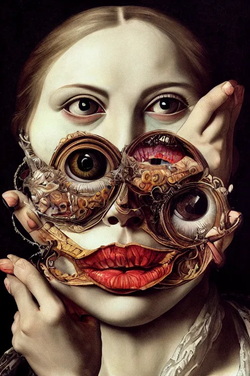 Image similar to Detailed maximalist portrait with large lips and with large, wide eyes, expressive, extra flesh, HD mixed media, 3D collage, highly detailed and intricate, surreal, illustration in the style of Caravaggio, dark art, baroque