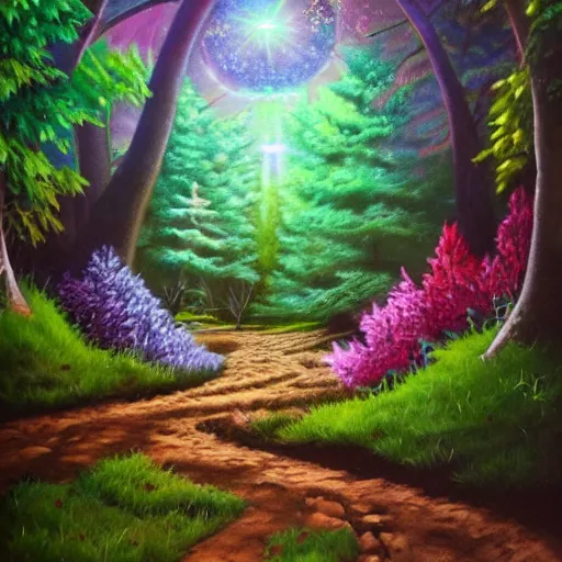 Image similar to secret hidden path in the forest leading to a portal to outerspace, prismatic weather, flowers, realistic oil painting