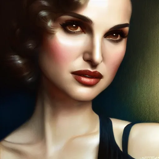 Prompt: a closeup portrait of a young natalie portman, 1 9 2 0 s, femme fatale, detective thriller, gorgeous view, night, film noir, eerie, high detail, art by artgerm and greg rutkowski and alphonse mucha, digital art, trending on artstation