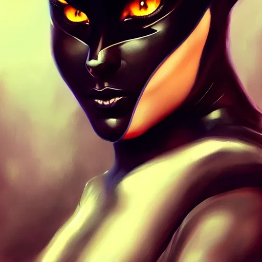 Image similar to Cat Woman, perfect deep eyes, portrait, fantasy, beautiful face, medieval, vivid colors, elegant, concept art, sharp focus, digital art, Hyper-realistic, 4K, Unreal Engine, Highly Detailed, HD, Dramatic Lighting by Brom, trending on Artstation