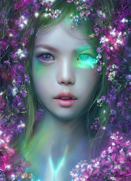 Image similar to portrait of a seductive Lalisa Manobal as a Celestial Goddess of a futuristic pearlescent holographic, captivating look, inside future fighter, sci-fi, fantasy, intricate, lush garden spaceship with sakura season flowers in Kyoto Japan, elegant, human anatomy, royal green and nature light, highly detailed, digital painting, artstation, concept art, smooth, sharp focus, illustration, art by Ryan meinerding, masterpiece, 3d blender