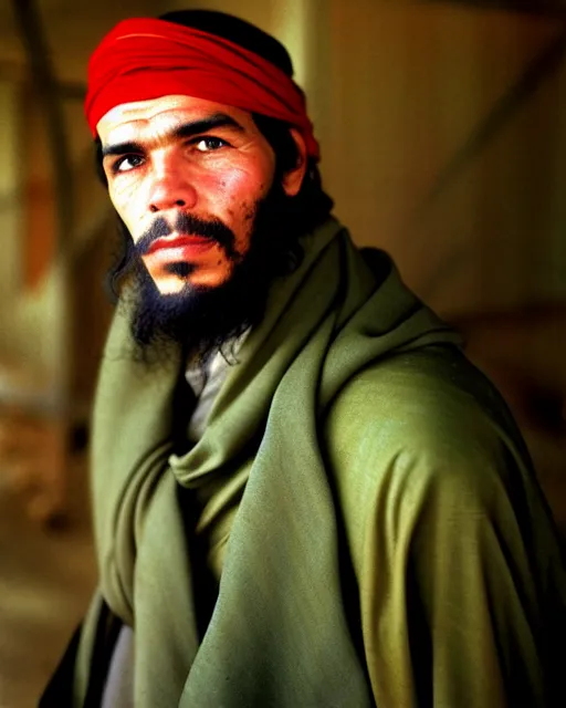 Image similar to portrait of che guevara as afghan man, green eyes and red scarf looking intently, photograph by steve mccurry