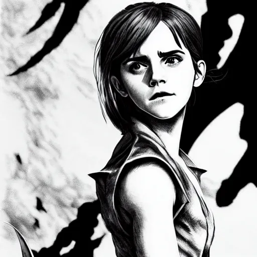 Prompt: Emma Watson in a scene from Berserk, artstation, concept art, sharp focus, illustration in pen an ink, full body shot, extremely detailed, extremely complex, black and white, art by  Makoto Yukimura