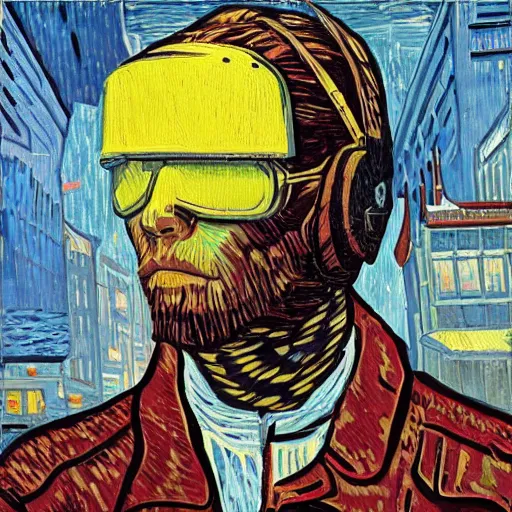 Image similar to Illustrated by Shepard Fairey and Greg Rutkpwski | Cyberpunk Van Gogh with VR helmet, surrounded by cables