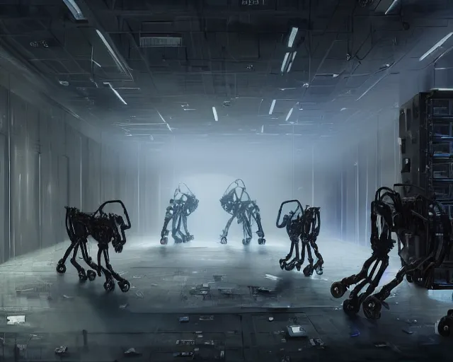 Image similar to spot boston dynamics in gloomy ruined server room in datacenter painting concept art of colossus, sharp focus, emitting diodes, smoke, artillery, pacing, computers, racks, motherboard, by pascal blanche rutkowski artstation detailed matte painting, 4 k resolution