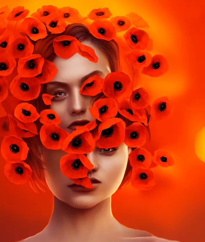 Image similar to a beautiful orange woman, symmetrical portrait, realistic, full body, red poppies, vine twist, rich details, nuclear sunset, 8 k, volumetric lighting, by wlop