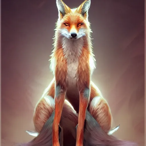 Prompt: A full-length portrait of a beautiful fox with nine tails，full of details, concept art, smooth, by Kittichai Rueangchaichan and wlop ，trending on cgsociety and artstation，8kHDR，light effect