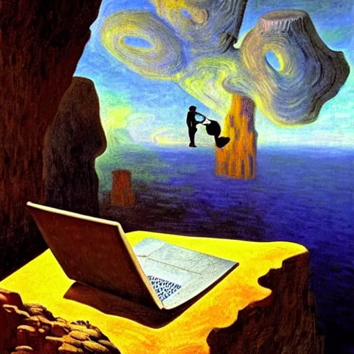 Image similar to A man climbs a cliff while coding A.I. on a laptop - award-winning digital artwork by Dali and Monet. Stunning lighting