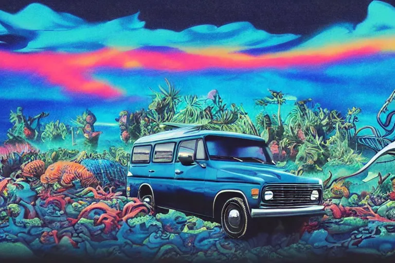 Prompt: a photo of a dark blue metallic 1 9 7 2 chevy g 1 0 panel van with an awesome airbrushed scene of a monster made of colorful coral reef emerging from the sea, 8 0 s synthwave, airbrushed, trapper keeper, lightning, explosions, creature design, monster, dinosaur