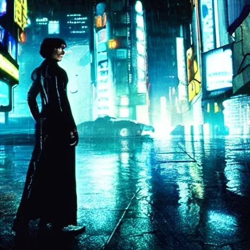 Image similar to jennifer connelly starring in a cyberpunk movie in a distopic futuristic city in the style of bladerunner, movie still, highly detailed, rainy night, volumetric lights, dramatic, scifi, sharp focus