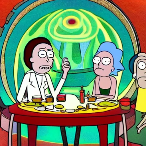Image similar to rick and morty having dinner in spaceship metallic, layered paper style