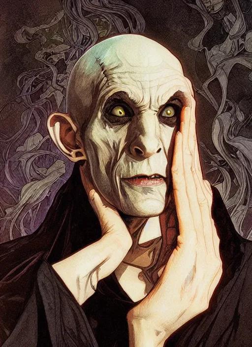 Image similar to portrait of nosferatu, illustration, art by artgerm and greg rutkowski and alphonse mucha