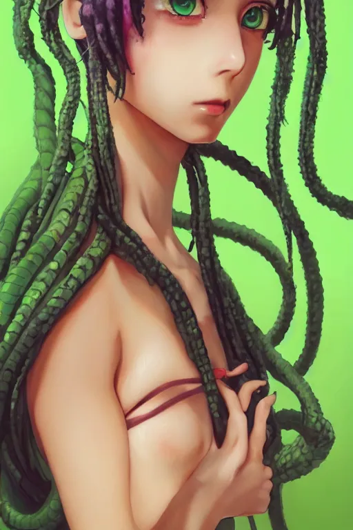 Image similar to portrait of an anime manga girl with green snake dreads, straight on portrait, by artgerm, james jean, tom bagshaw, gerald brom, vaporwave colors, lofi colors, vaporwave, lofi, goth vibe, 4 k, smooth, hd, substance designer render, full body character concept art, symmetrical,