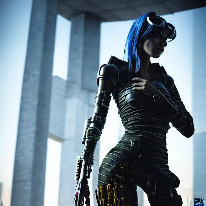 Prompt: full length portrait photograph of a real-life beautiful woman cyberpunk soldier. Extremely detailed. 8k