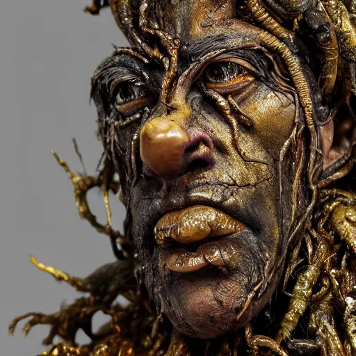 Image similar to photo taken of an epic intricate, ultra detailed, super realistic gritty, wet, lifelike sculpture of an eldritch druid queen by weta workshop, zoomed in shots, sublime subsurface scattering, photorealistic, sharp focus, white wall coloured workshop, desaturated, cold colour temperture, f 2, face centred, golden ratio, golden hour