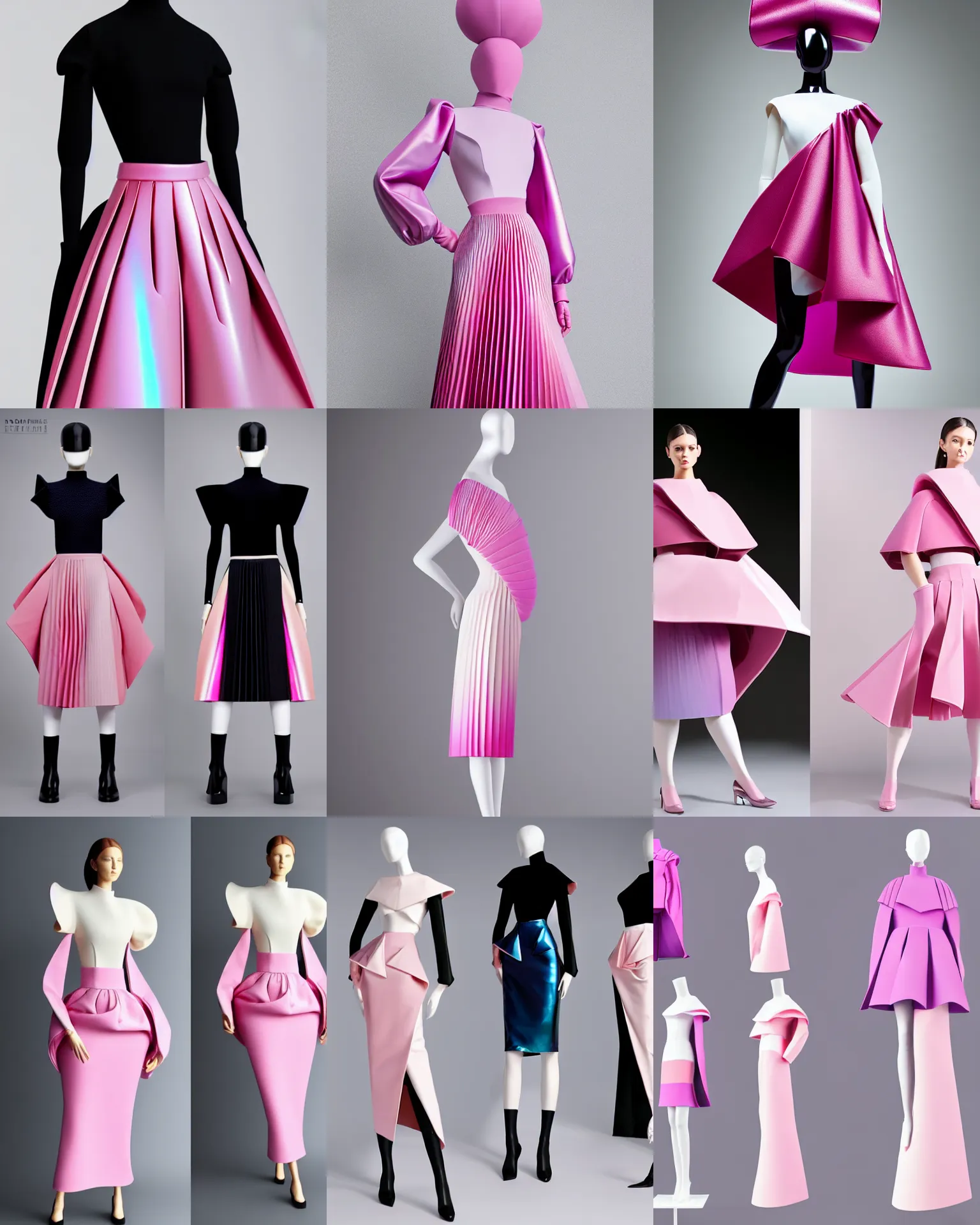 Prompt: designer figure collection ball shaped accordion sleeve haute couture, sailor uniform, midi skirt, coat pleats, synthetic curves striking pose, dynamic folds, cute huge pockets hardware, volume flutter, youthful, modeled by modern designer bust, body fit, award fashion, petal pink gradient scheme, light holographic tones, expert composition, high detail, professional retouch, editorial photography