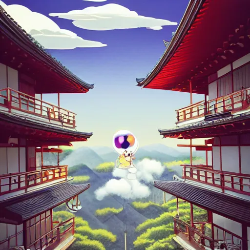 Image similar to a man walking on clouds away from the camera above kyoto by takashi murakami, beeple and james jean, aya takano color style, 4 k, super detailed, modern, 4 k, symmetrical