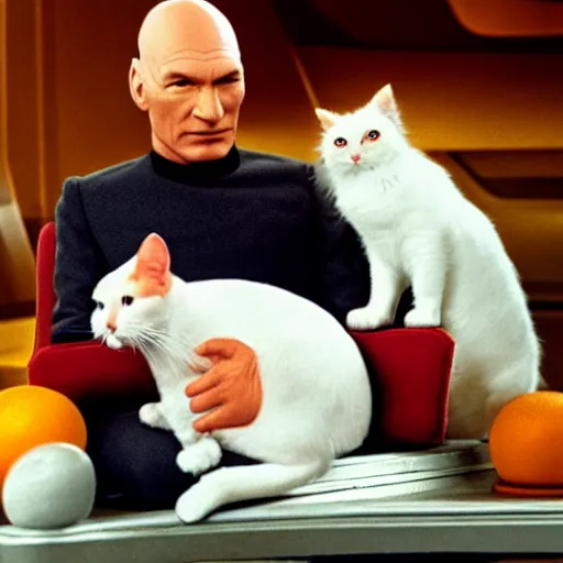 Prompt: Captain Picard sitting on the bridge of the Enterprise with a white and orange cat in his lap. Vintage film, realistic.