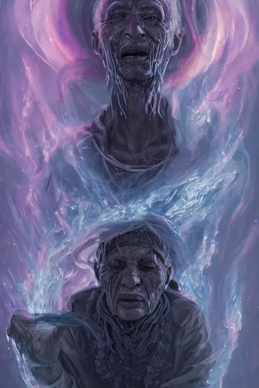 Prompt: the look of an elderly person necromancer witch - doctor covered with ice exploding into fire, full of wrinkles and imperfections, electricity highly detailed, high contrast, light reflection, trippy, nebula, trending on artstation by artgem, by peter mohrbacher, by wlop, by ruan jia