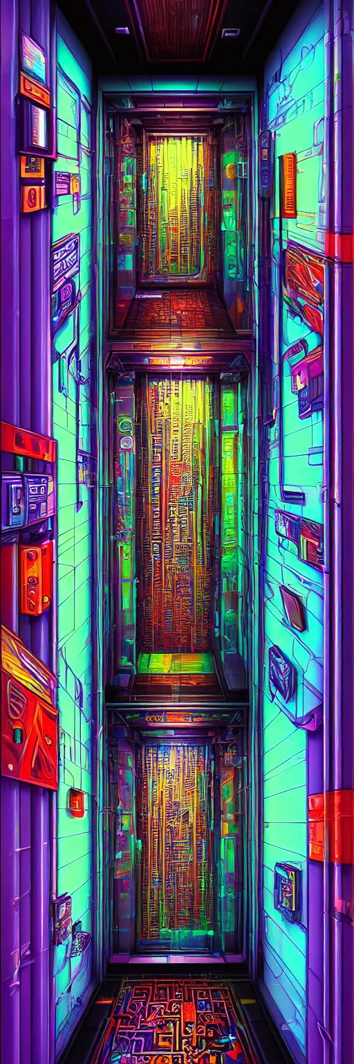 Prompt: a big realistic detailed colorful vibrant photorealistic cyberpunk elevator,