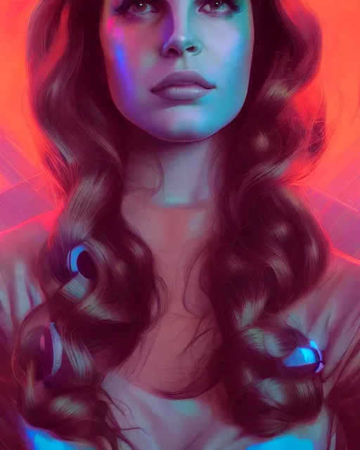 Image similar to portrait of lana del rey as a cyborg. intricate abstract. intricate artwork, by tooth wu, wlop, beeple, dan mumford. concept art, octane render, trending on artstation, greg rutkowski very coherent symmetrical artwork. cinematic, key art, hyper realism, high detail, octane render, 8 k, iridescent accents