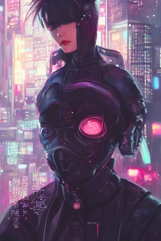 Image similar to portrait futuristic Ninja Girl, in future cyberpunk tokyo rooftop , ssci-fi, fantasy, intricate, very very beautiful, elegant, neon light, highly detailed, digital painting, artstation, concept art, smooth, sharp focus, illustration, art by WLOP and tian zi and alphonse mucha