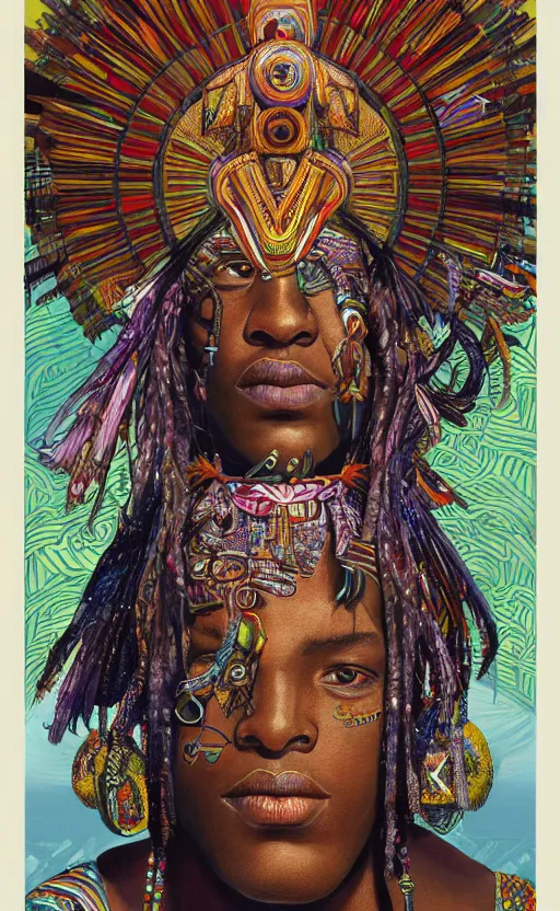Prompt: upper half portrait of colourful retro futuristic african tribal chief - embellished with vegetation and iridescent crystals, art by stanley artgem lau, design blocking by alphonso mucha and drew struzan, colouring by zdzisaw beksinski, highly detailed, digital painting, airbrush, concept art, illustration, smooth sharp focus, intricate, symmetry, artstation
