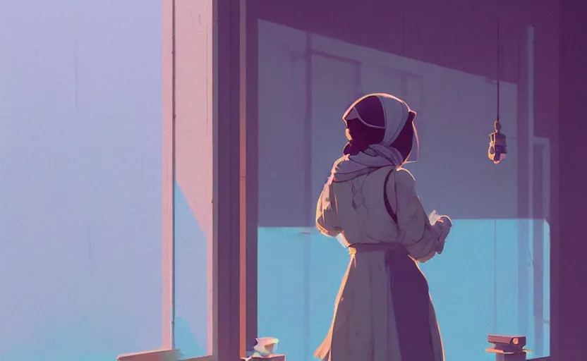 Image similar to female ottoman princess standing near the window by atey ghailan, by greg rutkowski, by simon stalenhag, by greg tocchini, by james gilleard, by joe fenton, by kaethe butcher dynamic lighting, gradient light blue, brown, blonde cream and white color scheme, grunge aesthetic