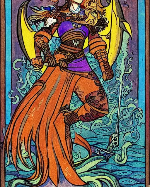 Image similar to a shark pirate queen with iridescent coloring and holding melee weapons by ivan bilibin