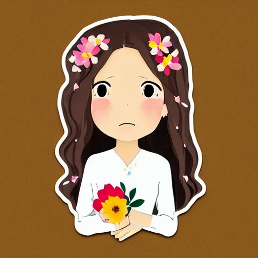 Image similar to hispanic girl with long brown hair, flower dress, face, sticker, emoji, white background, by rossdraws, ghibli