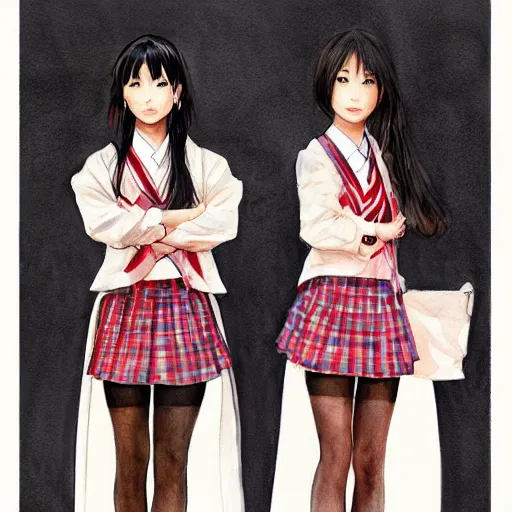 Image similar to a perfect, realistic professional digital sketch of two Japanese schoolgirls posing, in style of Marvel, full length, by pen and watercolor, by a professional American senior artist on ArtStation, a high-quality hollywood-style sketch, on high-quality paper