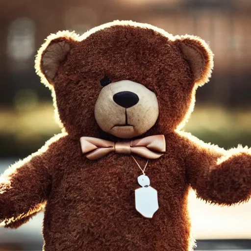 Prompt: a picture of a teddybear in a suit, inspirational, 4K, depth of field