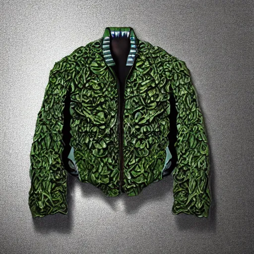 Image similar to jacket made out of cabbage, photorealistic, studio, detailed